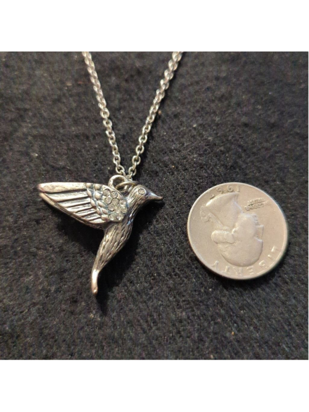 Silver Tone Clear Rhinestone Hummingbird Pendant Statement Necklace - Picture 5 of 5